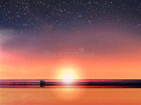Starry Sky Moon Stars Sunset At Sea Bluepink Colorful Summer Night