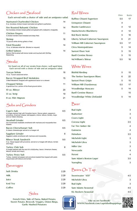 Capri's Italian Restaurant menu in Boiling Springs, South Carolina, USA