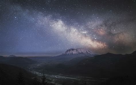 Hintergrundbilder Bäume Landschaft Berge Nacht Galaxis Natur