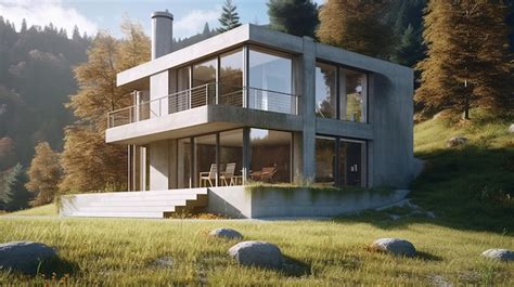 Premium Photo Futuristic Glass And Cement House In The Forest