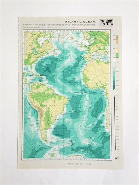 Vintage Atlantic Ocean Map Large Map Of The Atlantic Ocean Etsy