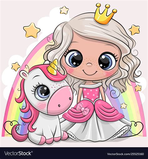 Cute Cartoon Fairy Tale Princess And Unicorn Vector Image