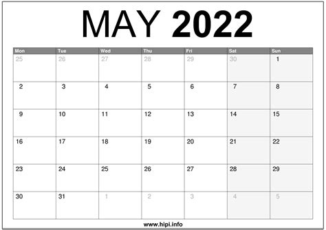 May 2022 Uk Calendar Printable Free