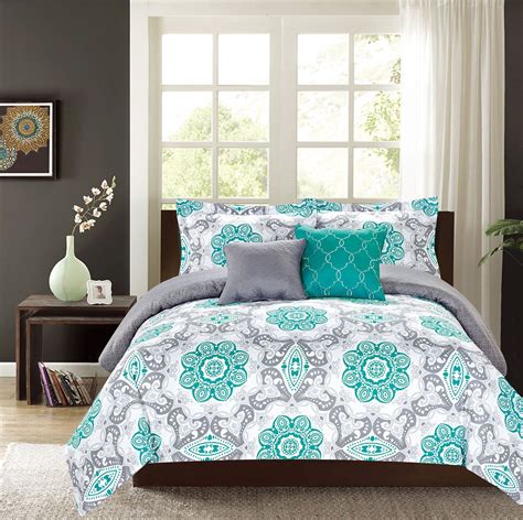 Crest Home Sunrise Queen Comforter 5 Pc Bedding Set Teal And Grey