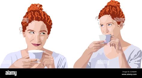 Set Of Curly Ginger Woman In White T Shirt Drinking From A Cup And Smiling Hair Bun Vector