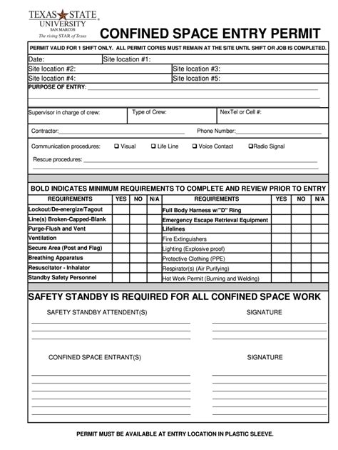 Printable Confined Space Entry Permit Form Printable Forms Free Online