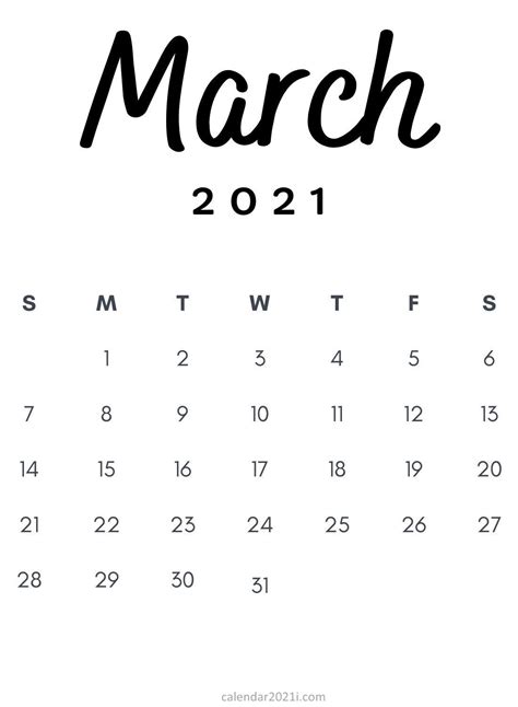 March 2021 Minimalist Calendar Printable Free Printable Calendar