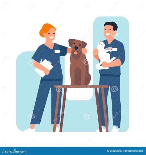 Vet Hospital. Happy Veterinarians. Man and Woman Caring of Animals