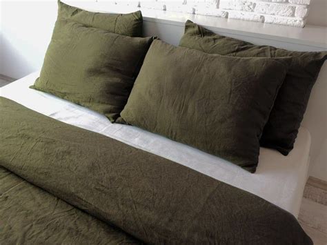 Dark Olive Linen Bedding Set 1 Duvet Cover 2 Pillowcases Etsy Uk