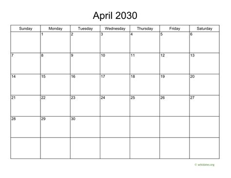 Basic Calendar For April 2030