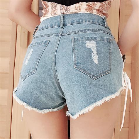 Womens Sexy Mid Waisted Denim Shorts Lace Up Ripped Jeans Casual Hot