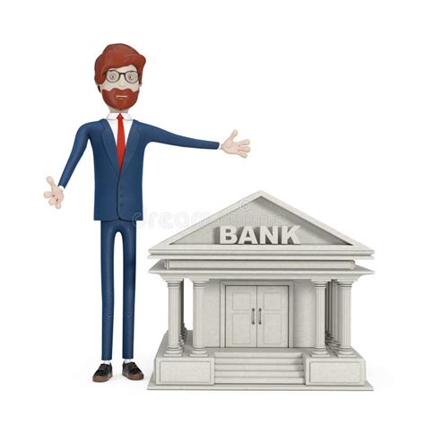 Banking Concept Cartoon Character Businessman Near Bank Building 3d