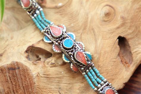 Turquoise Coral Bracelet Vintage Nepali Bangle Statement Nepalese