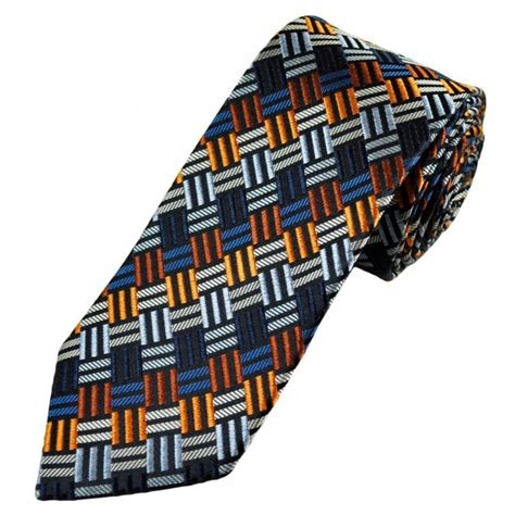 Luxury Shades Of Blue Orange And Silver Patterned Mens Silk Tie From
