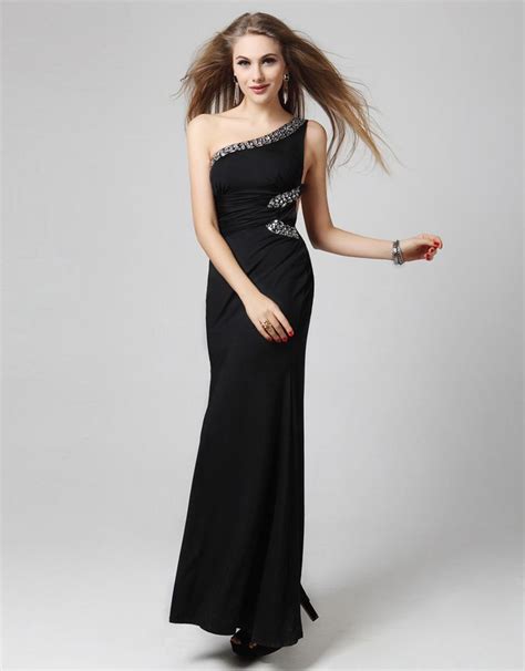 Black One Shoulder Glittering Rhinestone Full Length Evening Dress