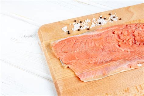 Raw Fillet Pink Salmon On Wooden Board Stock Photo Image Of Wild