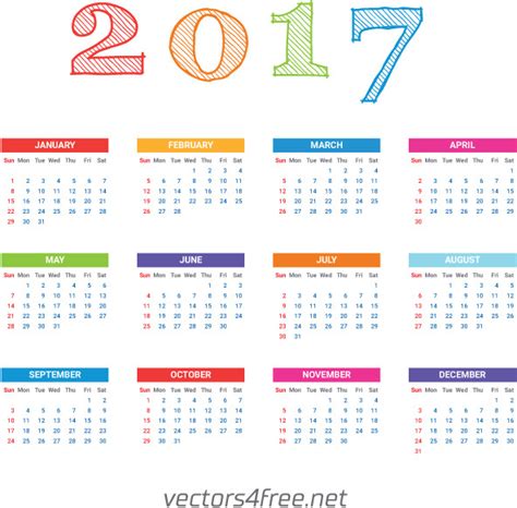 2017 Calendar Template Vector Vectors Graphic Art Designs In Editable