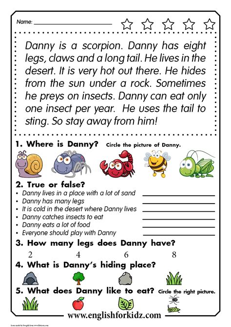 Reading Comprehension Passage For Kids Learning English In Elementary