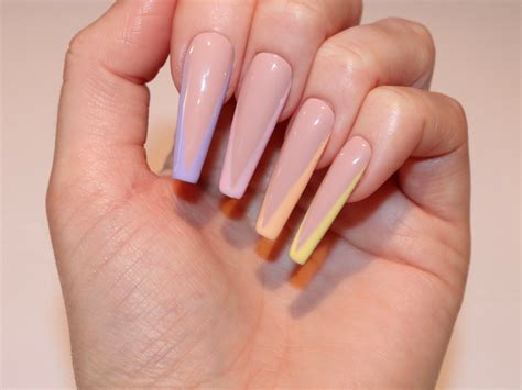 Pastel French Tip Long Coffin Nails French Fake Nails Pastel Etsy