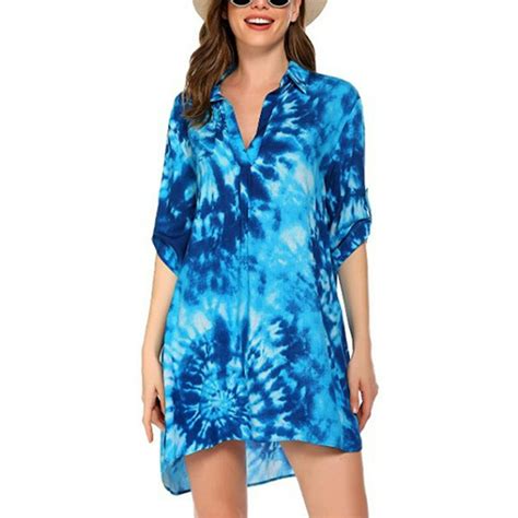 Lumento Womens Swimsuit Cover Up Tie Dye Button Down Shirt Midi
