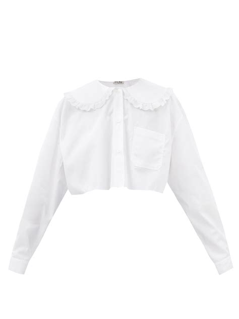 White Peter Pan Collar Cropped Cotton Poplin Shirt Miu Miu