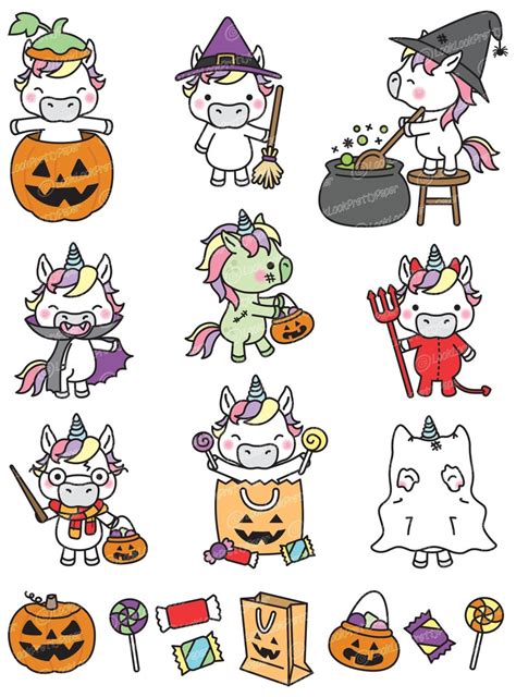 Premium Vector Clipart Kawaii Halloween Unicorns Cute Etsy