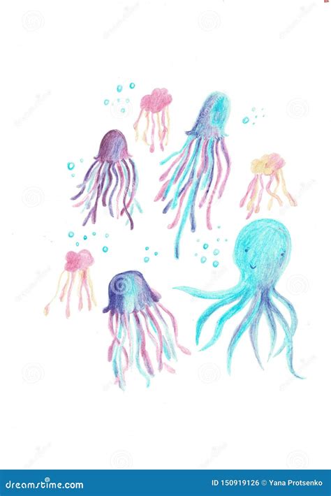 Adorable Octopus Squid And Jellyfish Characters Set Stock