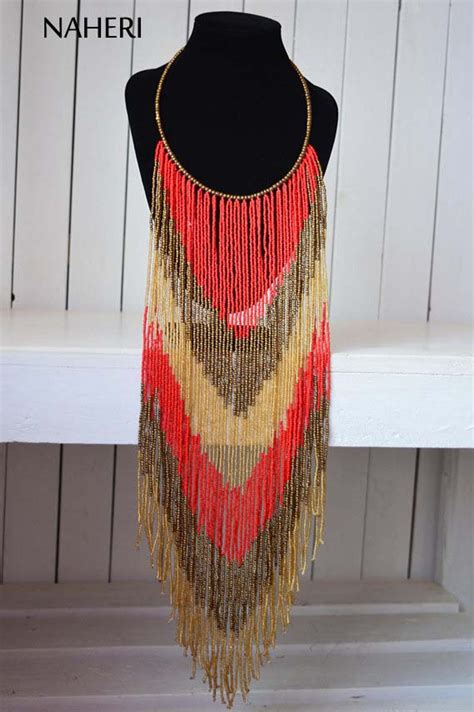 Red Romantic African Beaded Fringe Necklace Naheri