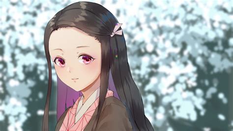 Demon Slayer Nezuko Kamado With Pink Eyes And Black Hair With Blur