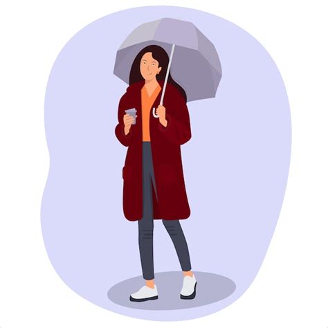 Premium Vector Cute Brunette Girl With Coffee And Umbrella In Red