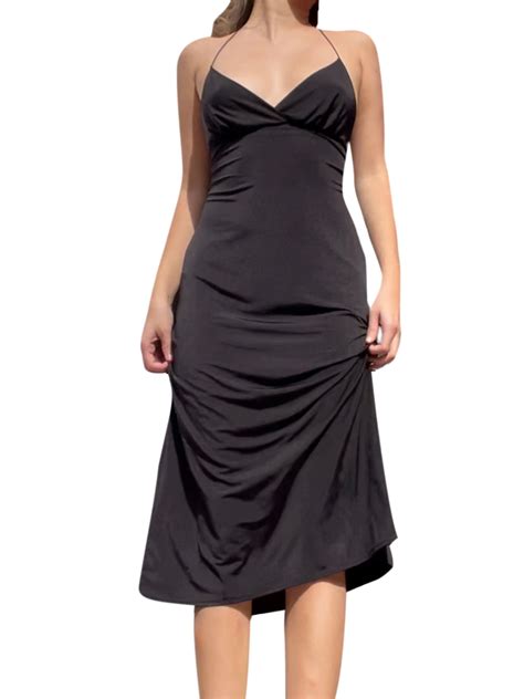 Eyicmarn Womens Summer Midi Sling Dress Black Sleeveless Backless
