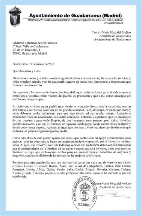 Los Alumnos De 5º Han Recibido Una Carta De La Alcaldesa Dª Carmen