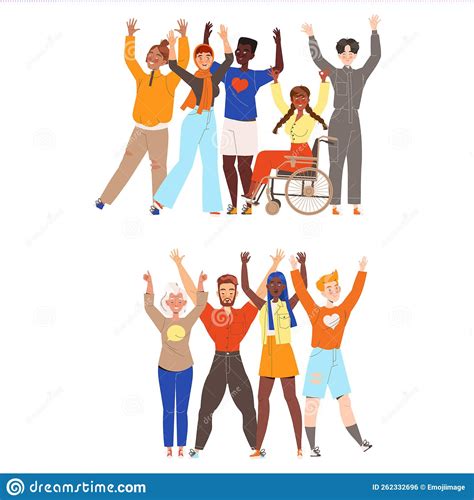 Happy And Rejoicing Group Of People Characters Cheering Raising Hands