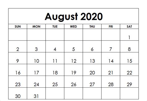 2020 August Printable Calendar Monthly Calendar Template Printable