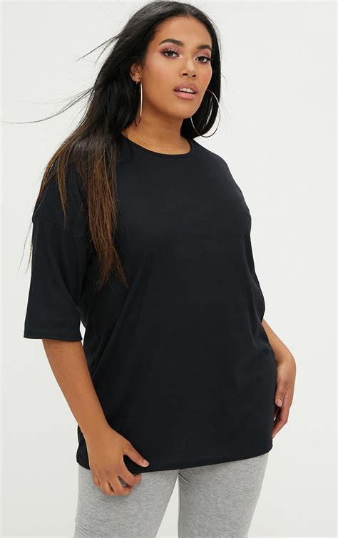 Plus Black Size Ribbed Oversized Tee Plus Size Prettylittlething