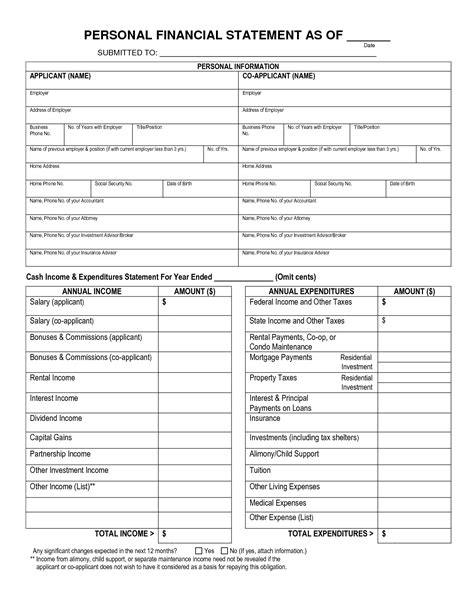 Blank Personal Financial Statement Form Personal Financial Statement