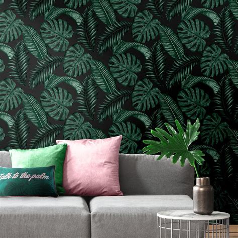 Skinnydip Dominica Tropical Leaf Wallpaper Green Black Muriva 180521