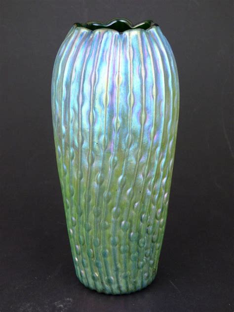 Kralik Iridescent Green Glass Sea Urchin Vase Bohemian Art Nouveau Jugendstil Glass Art