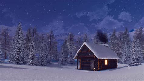 Cozy Snow Covered Log Cabin With Smoking Chimney And