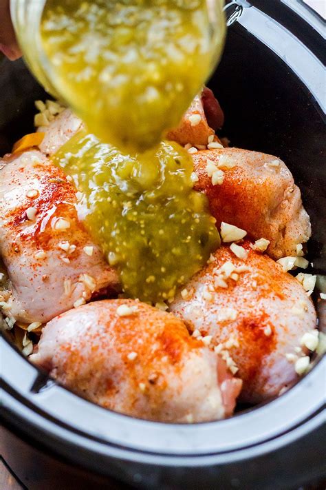Pour half of the salsa over seasoned chicken. Crockpot Salsa Verde Chicken Recipe - Crock Pot Chicken ...