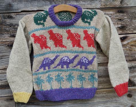 Childs Wool Sweater Dinosaur Hand Knit Usa Wool Free Shipping Usa