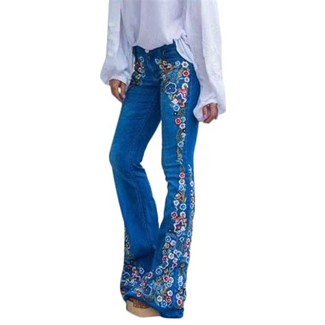 ukap vintage ladies plus size floral embroidery wide leg denim pants women denim jean women