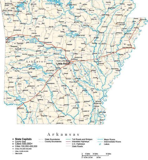 Arkansas With Capital Counties Cities Roads Rivers And Lakes