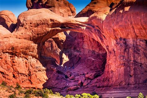 Double Arch Rock Canyon Arches National Park Moab Utah Stock Image