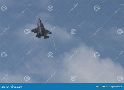 Military F35 Fighter Jet Flying Blue Sky With Clouds Stock Image