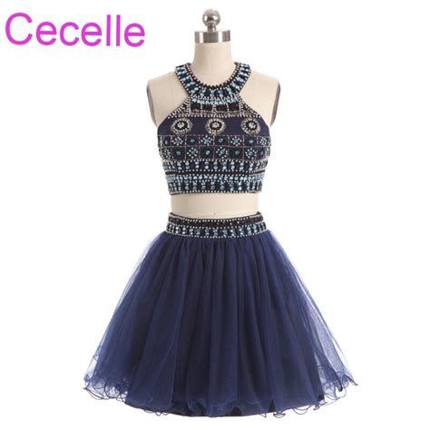 Navy Blue Two Pieces Short Cocktail Dresses 2019 Beading Top Tulle