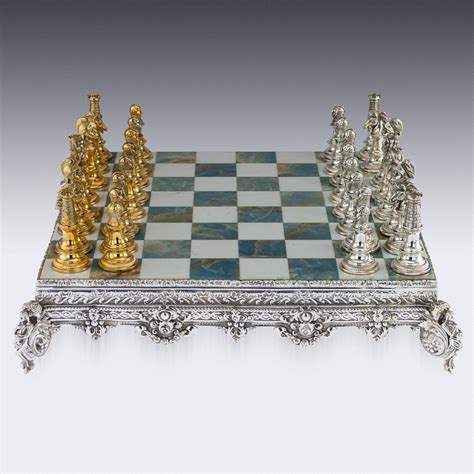 Stunning 20thc Italian Solid Silver Gilt And Marble Chess Set C1960