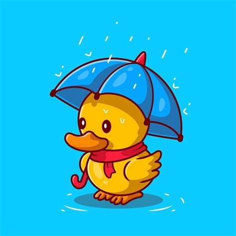 Cute Duck With Umbrella In The Rain Cartoon Vector Icon Illustration