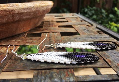 Seed Bead Earrings Long Feather Dangles With Blue Purple Black Native