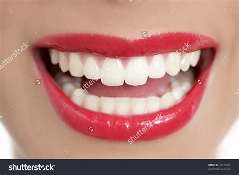 Beautiful Woman Perfect Teeth Smile With Red Lips Stock Photo 38975455